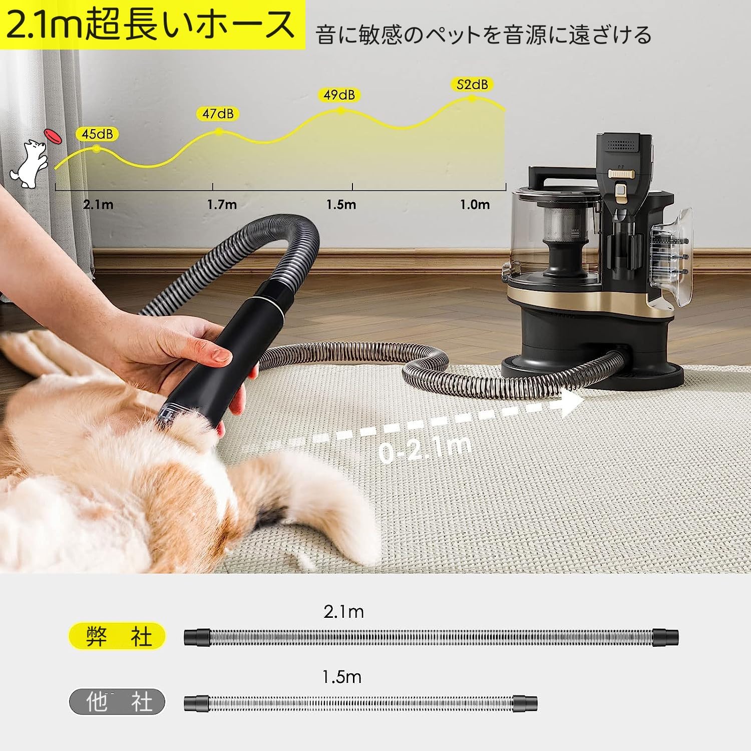 11KPa超強 吸引力・3.3L大容量ダストカップ 犬 掃除機 ペット用